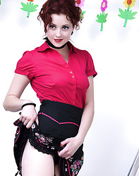 Gorgeous red head in short skirt and stockings teases off her clothes - Photo #7