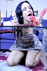 Brunette teen in seductive sheer pantyhose and she's got a dildo problem to choose from - Photo #6