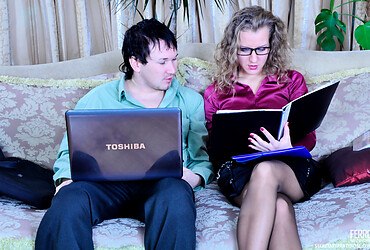 It was time the young geek boss got this blonde and fucked her secretary pantyhose pussy brutall - Photo #1