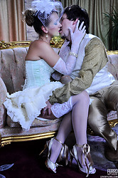 Russian chick was wearing a retro style corseted dress with a matching little hat, long gloves, white lacy stockings and gold trimmed pumps. - Photo #4