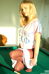 Naughty teen in her sorority outfit and this nylon wearing slut wants you to play some pool with her and caress her sensual dainty pantyhose. - Photo #5