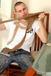 He loves pantyhose so much that when the lusty chick shows up and spreads her legs he practically attacks her nylon pussy. - Photo #20