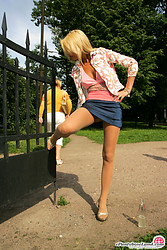Playful chick and the idea of showing off her pretty pussy through the pantyhose doesn’t bother her a bit. - Photo #11
