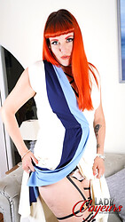 Auburn's plush redhead curves spill from a scandalous lace set as she works that lingerie down just enough to flash her slick little slit - Photo #7