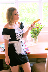 Maid Jade peels off her lace panties and spreads that pretty muff, teasing a ripe banana before bending over for some punishment - Photo #3