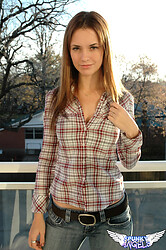 Fresh-faced Amy strips down to her red plaid panties, posing like an amateur cowgirl in her dorm room. - Photo #9