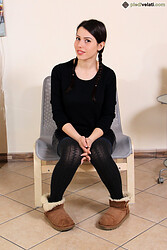 Petra stretches those toned legs and peels down her nylon pantyhose - Photo #1